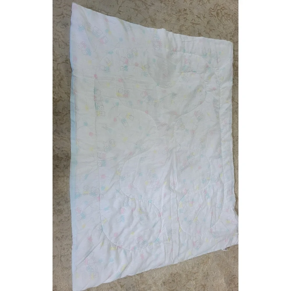 Vintage Gerber Baby Comforter Blanket Pastel Animals Train Blue White 41x33
